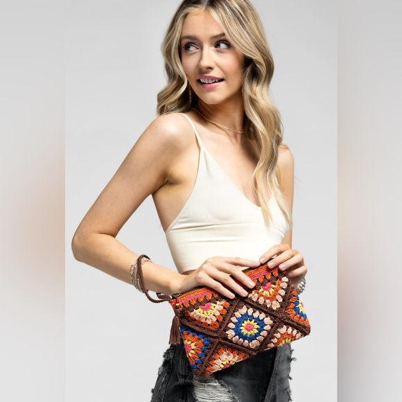 Crochet Handmade brown beaded beaded boho bohemian zip clutch purse tote - Picture 6 of 7